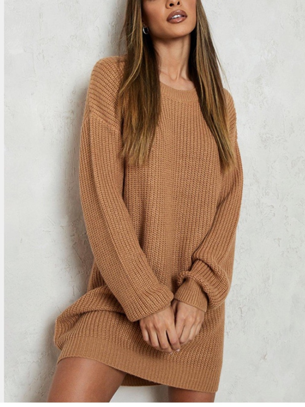 George Boho Camel Crew Neck Knit Sweater Dress Ladies Clothes
